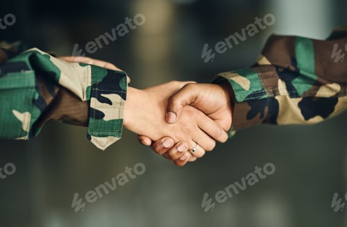 Preview: Meeting, army or shaking hands for partnership, teamwork or deal in war, agreement or unity togethe