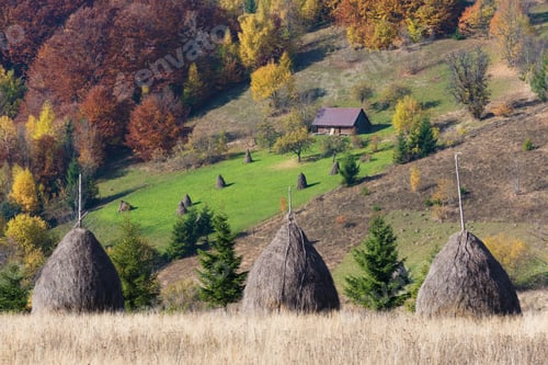 Preview: Autumn Landscape with Haystacks in the Mountains