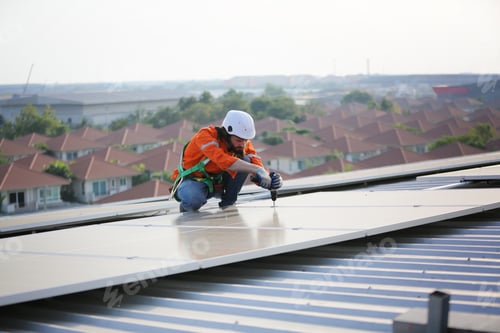 Preview: Engineer service check installation solar cell on the roof of factory. technician checks solar cell.