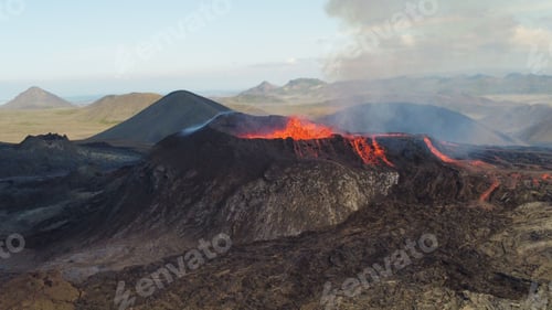 Preview: Landscape of erupting Mauna Loa Volcano in Hawaii with smoke under blue sky