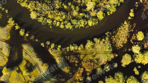 Preview: Fast take off Flat View Aerial View Green Forest Woods And Curved River Landscape In Sunny Spring