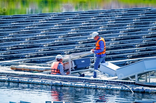 Preview: Local worker working at floating solar panels platform on the water of solar cell power plant.