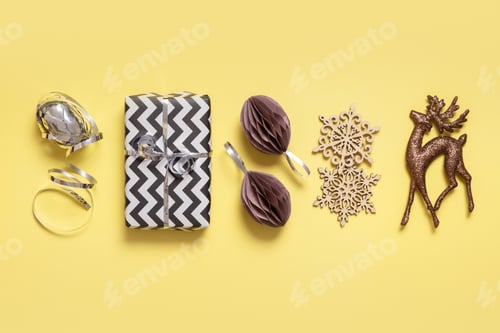 Preview: Festive minimal creative Christmas composition with gifts and decorations flat lay
