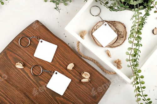 Preview: Keychain mockup to display design. Key chain mock up in cozy home design.