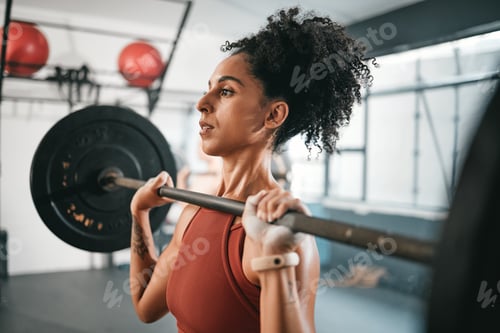 Preview: Gym exercise, barbell workout or black woman doing muscle strength training, fitness or bodybuildin