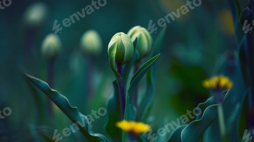 Preview: Unopened tulip in the park on a summer day
