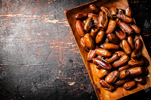 Preview: Delicious dates on a wooden plate.
