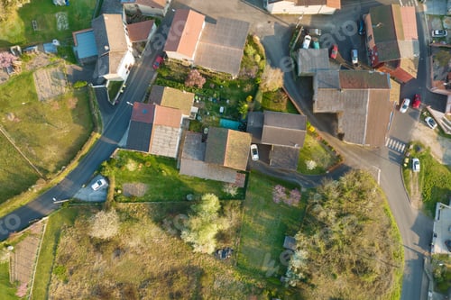 Preview: Aerial view of residential houses in green suburban rural area