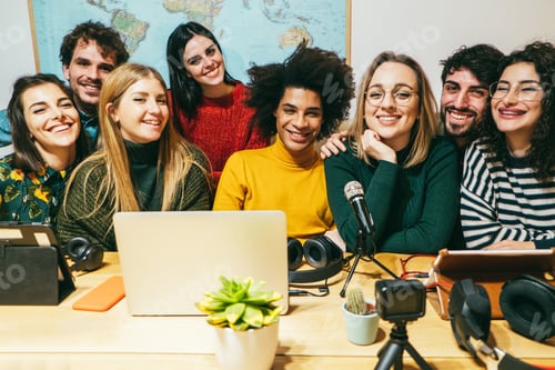 Preview: Happy diverse friends having fun streaming online doing podcast- Soft focus on african guy face