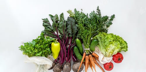 Preview: Food from above top view Eco-friendly farm products organic vegetables in mesh bags white background