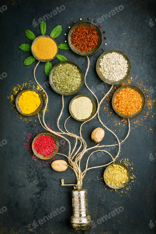 Preview: Various bowls of spices over dark background