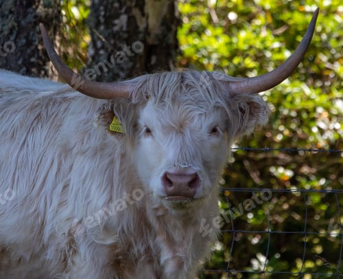 Preview: White and fluffy highland cattle in a lush green field