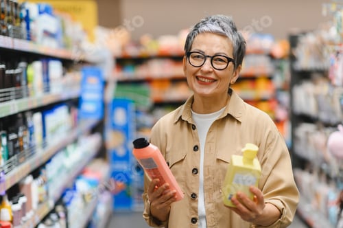 Preview: Smiling mature adult woman choosing shampoo in supermarket