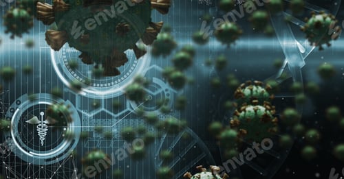 Preview: Medical and digital icons over green coronavirus Covid19 cells