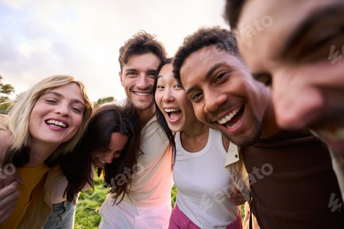 Preview: Bunch of happy multirracial friends having fun outdoors at the park. Looking at camera and smiling.