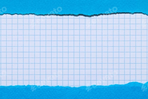 Preview: Azure blue paper stripes with torn edges on white school checkered paper, background with copy space