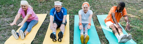 Preview: panoramic shot of athletic retired and multicultural men and woman exercising on fitness mats