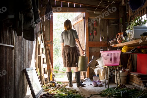 Preview: Young woman carrying watering can looking out from garden shed