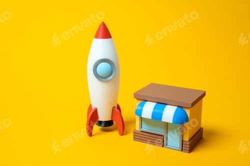Preview: Store building and rocket. Advertising and targeting. Open a startup or your own business
