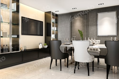 Preview: 3d rendering dining room with tv console set decor