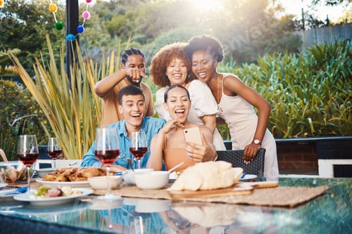 Preview: Selfie, group of friends at dinner in garden and happy event with diversity, food and wine at outdo