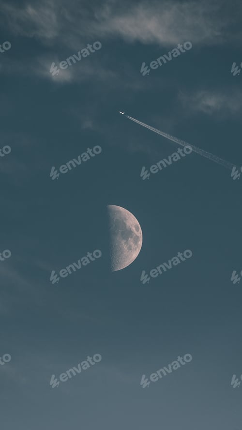 Preview: Vertical shot of an airplane in the blue sky flying above the Moon