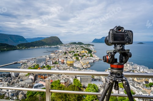 Preview: City of Alesund Norway Camera on a tripod on the observation dec