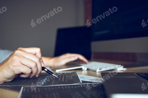 Preview: People coding code program programming developer working design software on desk in office.