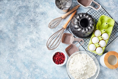 Preview: Baking ingredients and utensils, flour, eggs, baking dish.