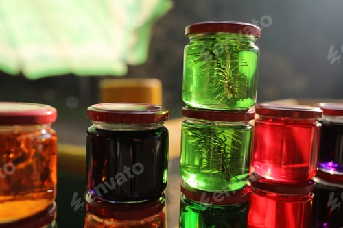 Preview: Many jars with honey tinctures of forest herbs, pine needles, flowers and Iceland moss. Means