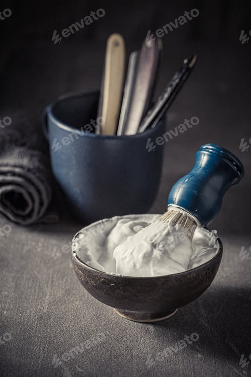 Preview: Old and unique shaving tools with grey soap and brush.