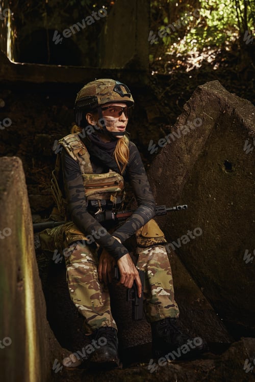 Preview: Serious female person sitting on concrete slab
