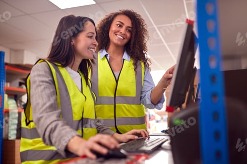 Preview: Female Staff In Busy Modern Warehouse Working On Computer Terminals