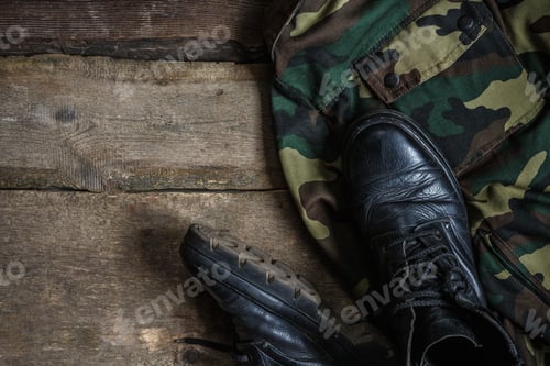 Preview: Army military uniform, weapon, holster, pistol, flask, boots on wooden background. Flat lay top view