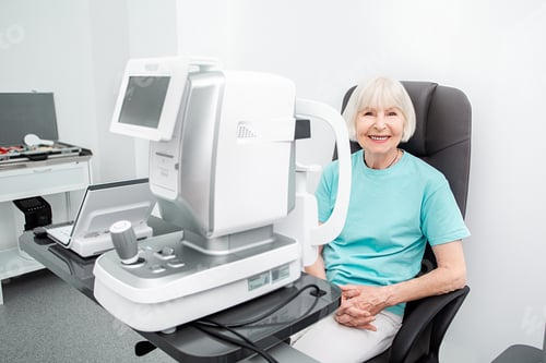 Preview: Smiling old woman checking eyesight in a clinic using diagnostic ophthalmic equipment. Eye exam of