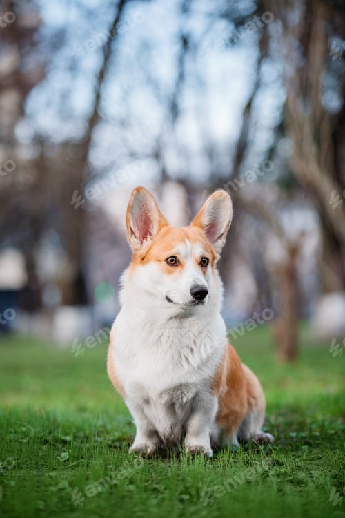 Preview: Cute Welsh Corgi dog outdoor. Dog portrait Pet on a walk. Beautiful funny corgi dog breed