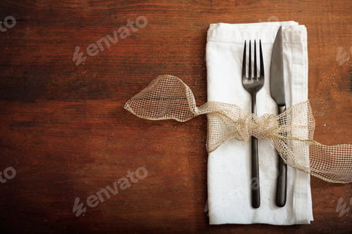 Preview: Table setting on wooden background
