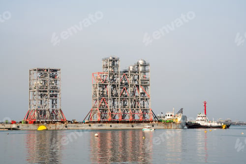 Preview: Big Construction on ship. Tender Drilling Oil Rig on Barge Ship transportation Rid to Oil Rig