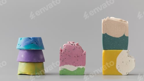 Preview: Pieces of different shapes and colors of handmade soap on a gray background. Natural cosmetics.