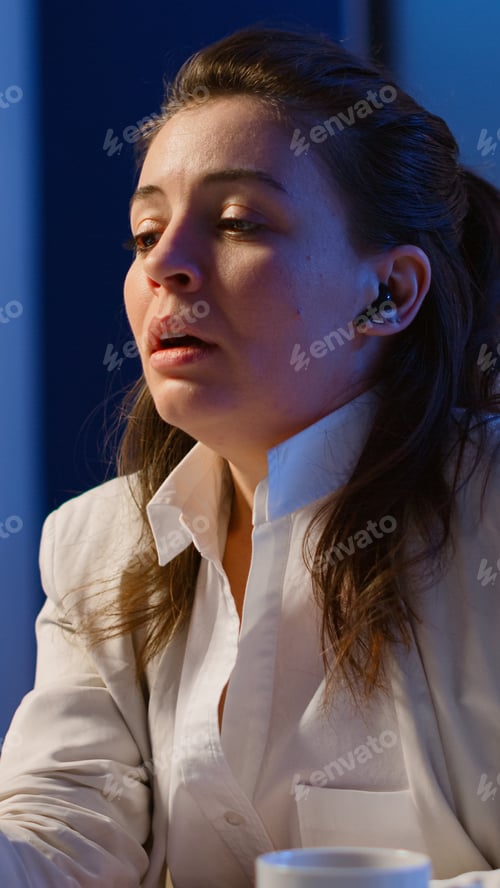 Preview: Entrepreneur having virtual meeting using smartphone with wireless headphone