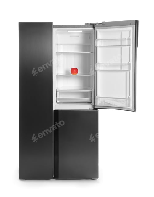 Preview: Modern refrigerator with red apple isolated on white