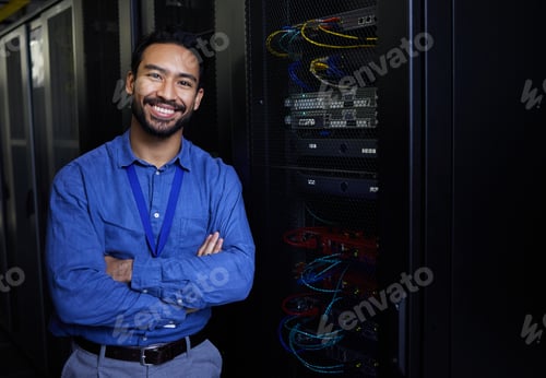 Preview: Server room, portrait or happy developer for online cybersecurity glitch or machine system. IT supp