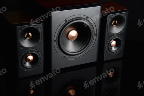 Preview: Two sound speakers and subwoofer on dark background