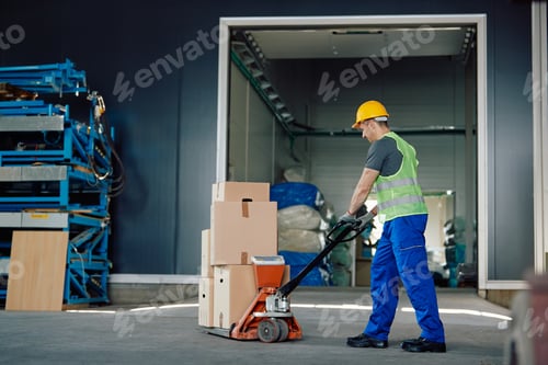Preview: Male worker pushing packages on pallet jack while working warehouse.