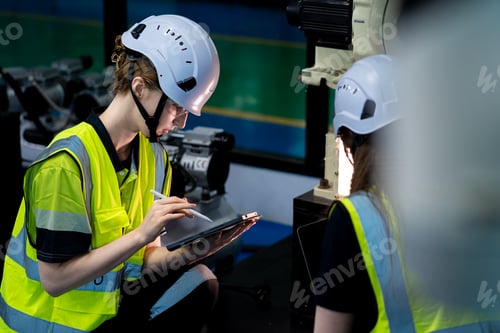 Preview: Two women wearing safety gear and looking at a tablet