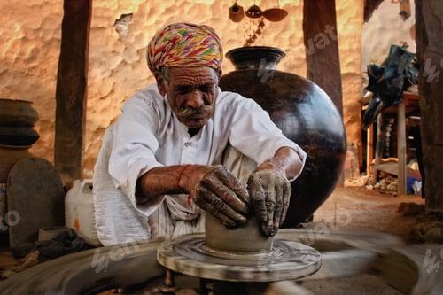 Preview: Indian potter at work. Handwork craft from Shilpagram, Udaipur, Rajasthan, India