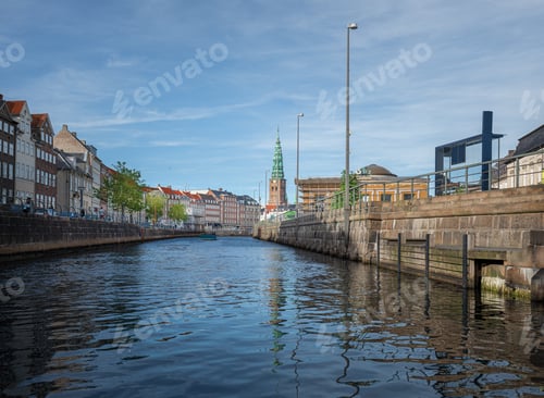 Preview: Frederikholms Canal with former Old St Nicholas Church Tower on Background - Copenhagen, Denmark