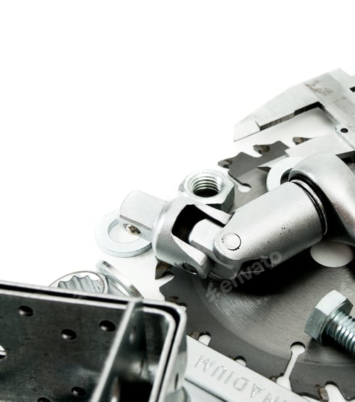 Preview: Metalwork. Spanner, ingot and others tools on white background.