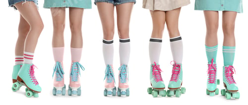 Preview: Women in retro roller skates on white background, closeup. Collage