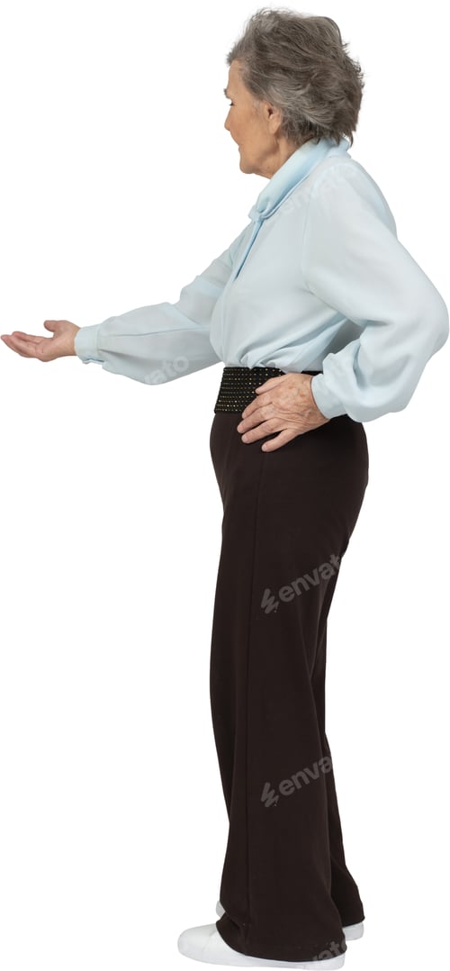 Preview: a woman in a blue shirt and brown pants holding her hand out